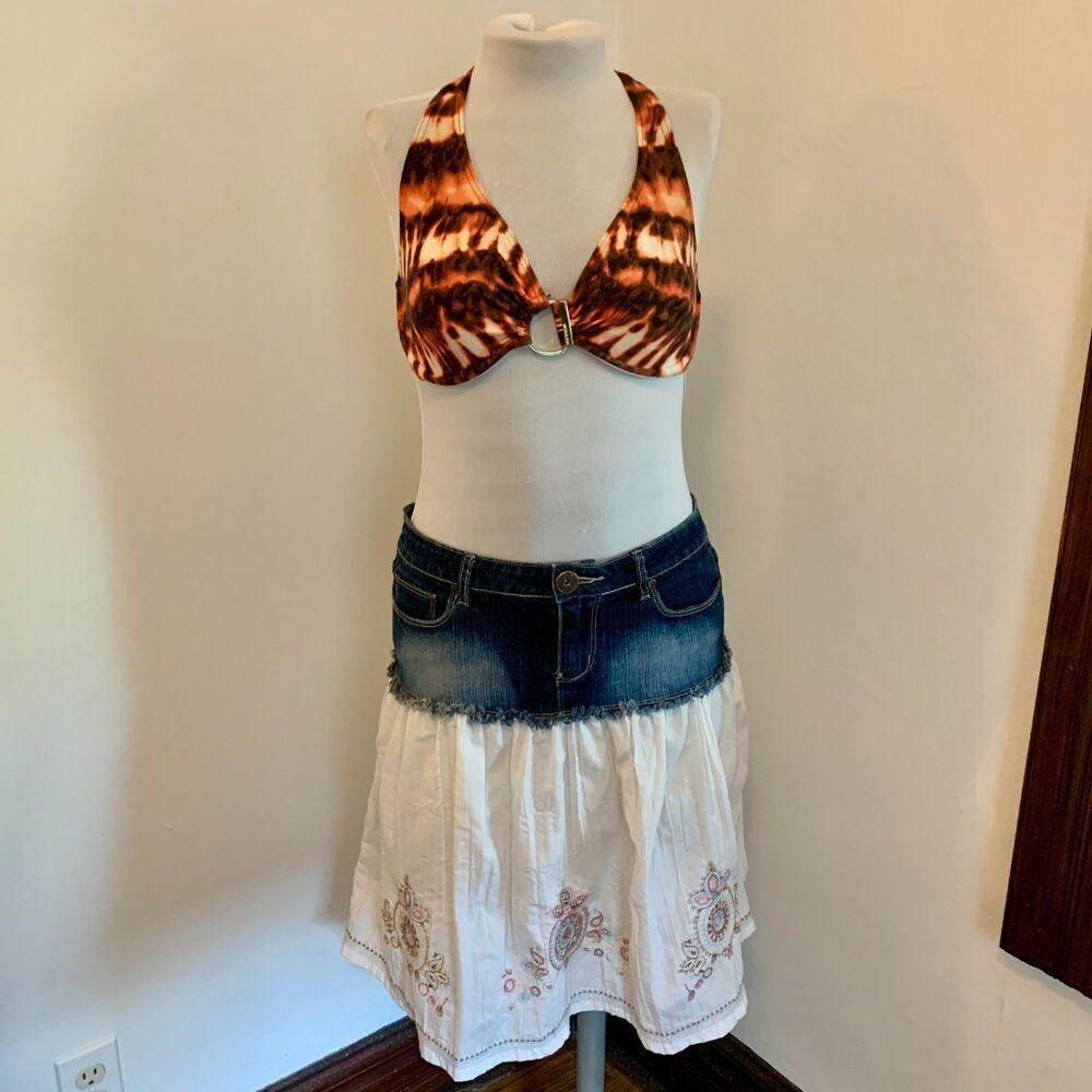 VTG YMI Lace Ruffle Denim Midi Skirt y2k 2000s 90s Western Mixed Peasant Cotton - Picture 7 of 16